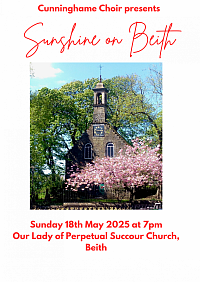 A picture of Beith Auld Parish Church with a cherry blossom in bloom in front of it